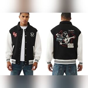 True Religion  Collared Patch Fleece Varsity Mens Jacket Black and White NWT
